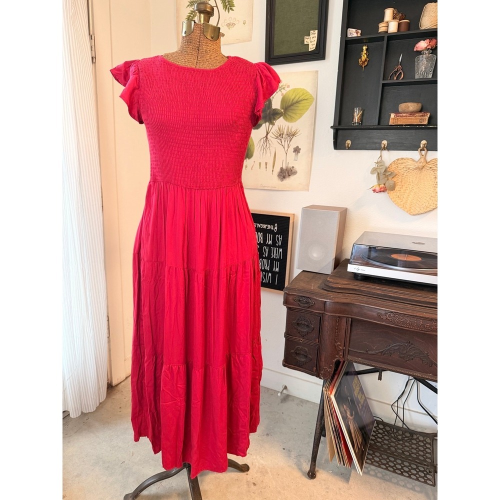 Zesica Women Red Smocked Flutter Sleeve Tiered Boho Maxi Dress Size S